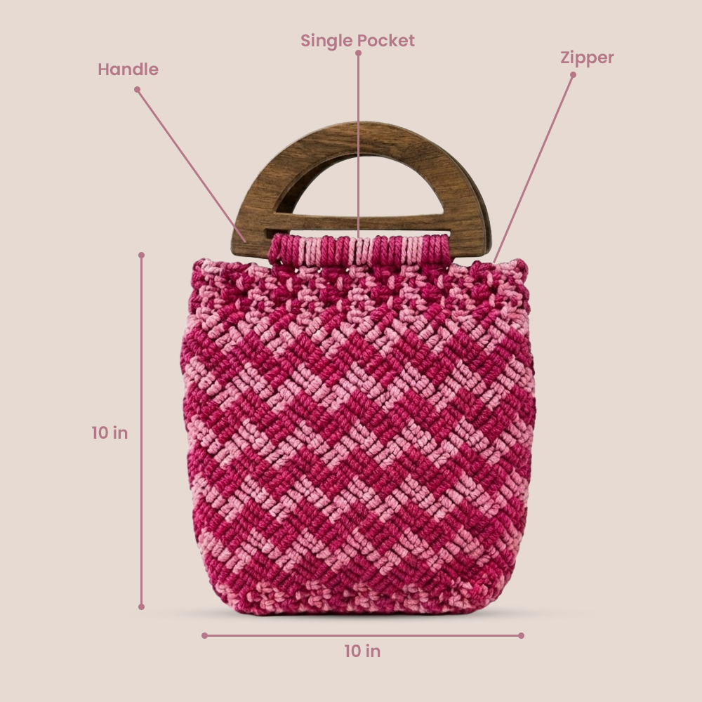 Handmade Pink  Macrame Purse with Wooden Handles (Roseweave)