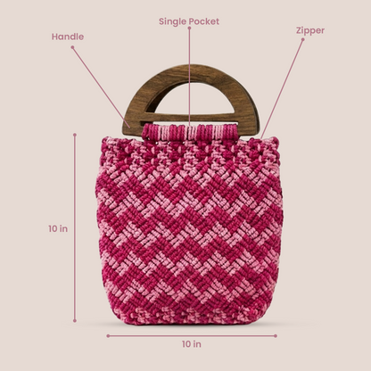 Handmade Pink  Macrame Purse with Wooden Handles (Roseweave)