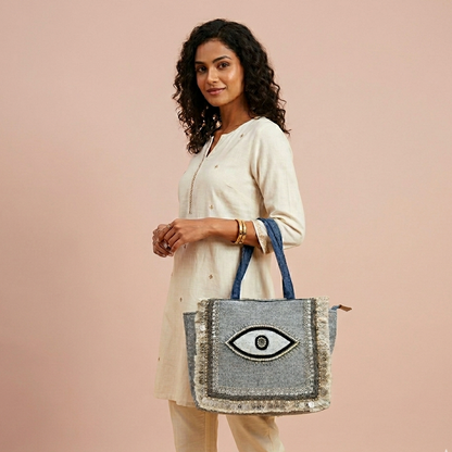 Handcrafted Boho Chic Combo- Maresse Evil Eye Boho Tote & Macrame Sling Bag