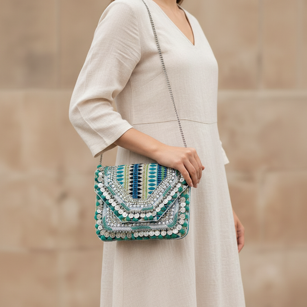 Women Ethnic Embellished Handmade Designer Boho Bag (Evergreen)