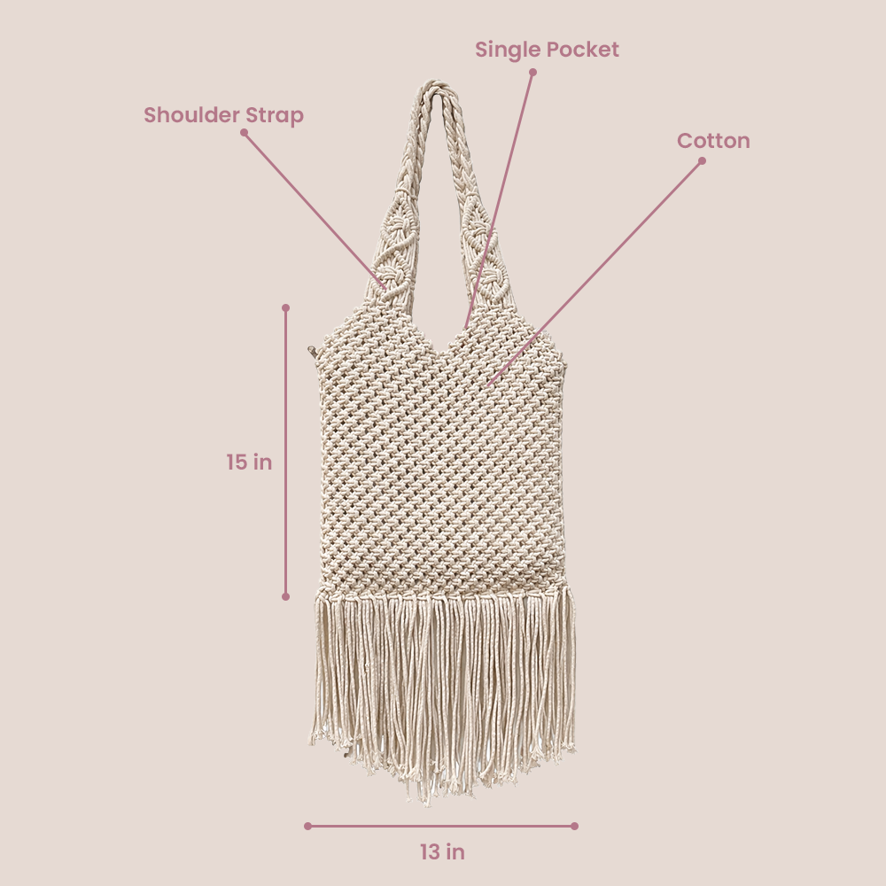 Handcrafted Macrame Tote Bag with Braided Handles for Women (WhiteBreeze)