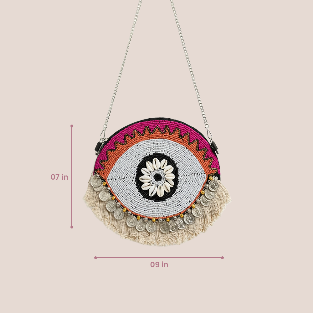 Handcrafted Evil Eye Beaded Crossbody Orange Boho Bag