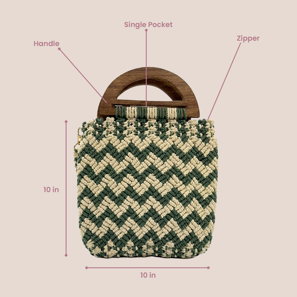 Handmade Green & Beige Chevron Macrame Bag for Women (MintyLoom)