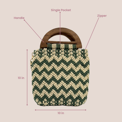 Handmade Green & Beige Chevron Macrame Bag for Women (MintyLoom)