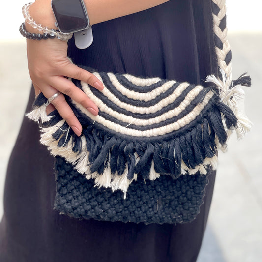 Handcrafted Black and White Macrame Bag for Women (MonochromeFringe)