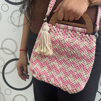 Handmade Pink & Beige Macrame Bag for Women (RosewoodChic)