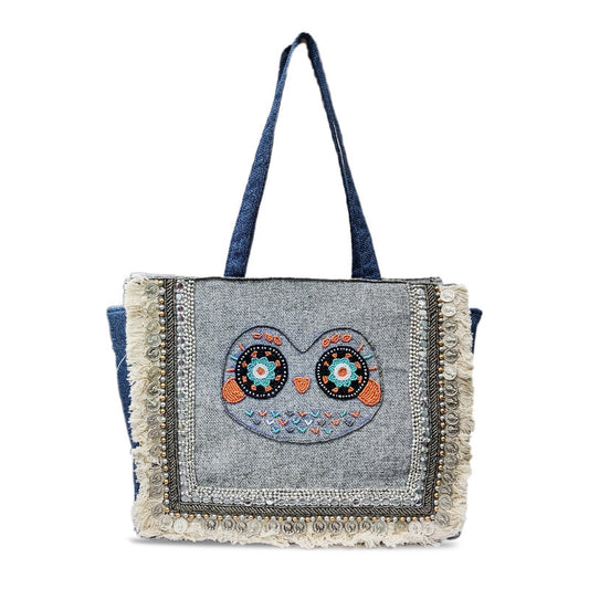 Handcrafted Owl Pattern Boho Grey Tote Bag for Women