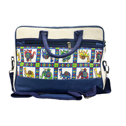 Blue Rajasthani Print Jute Laptop Bag for Men and Women