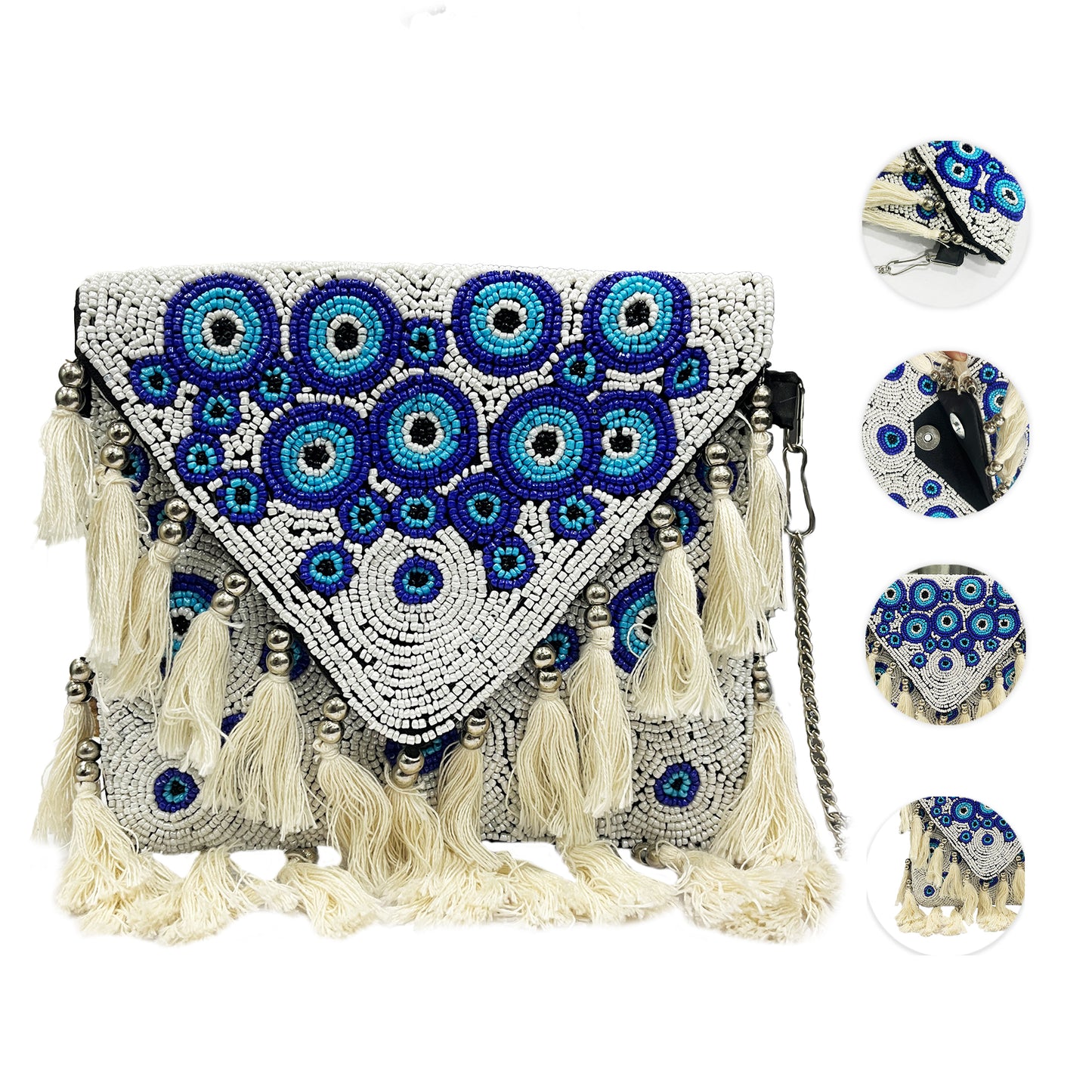 Handcrafted White & Blue Banjara Boho Bag for Women