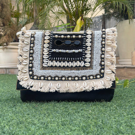 Maresse Black Boho Clutch Bag for Women – Handcrafted Beaded & Shell Embellished Fringe Purse | Ethnic Statement Bag for Weddings & Festive Looks