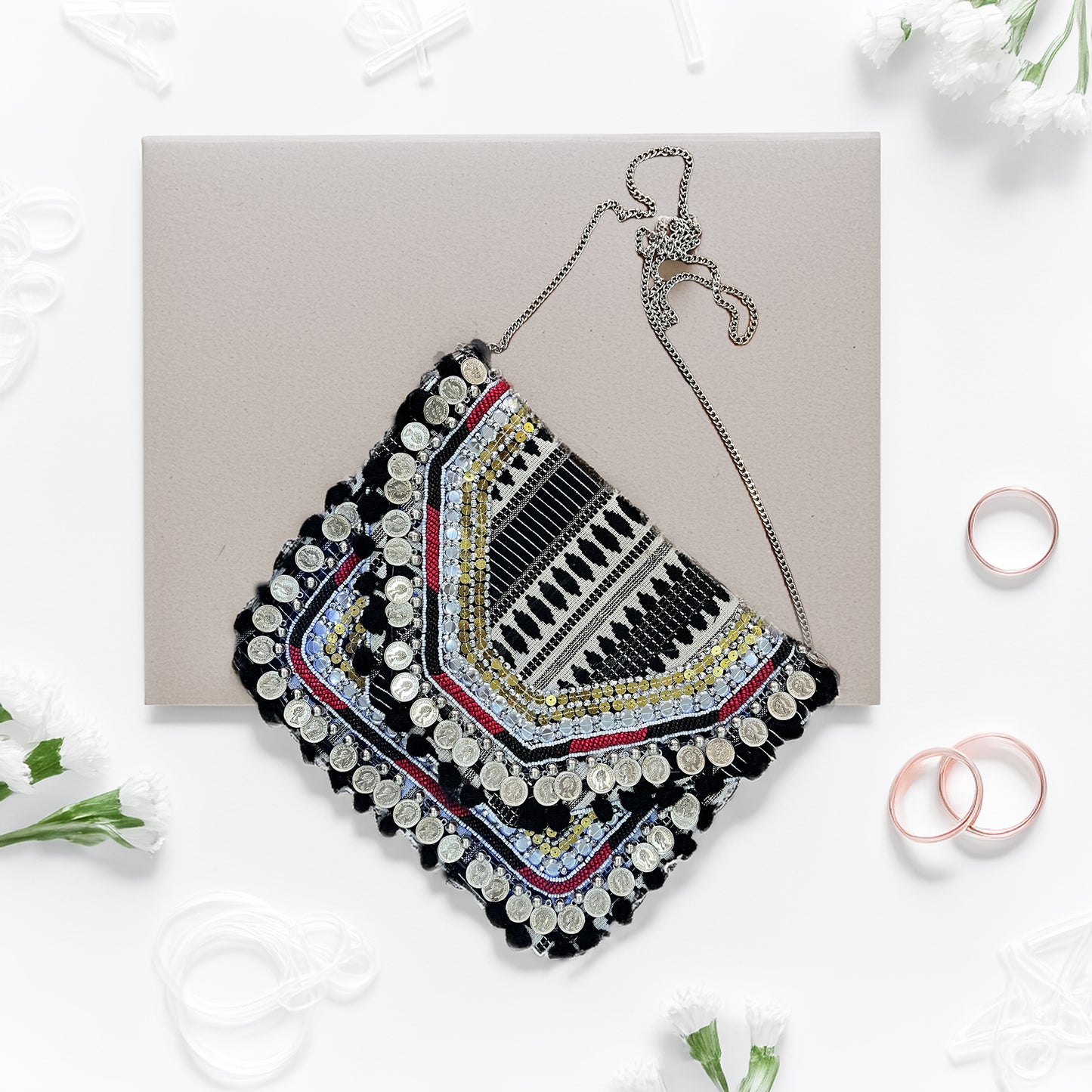 Women Ethnic Embellished Handmade Boho Bag (Midnight Black)