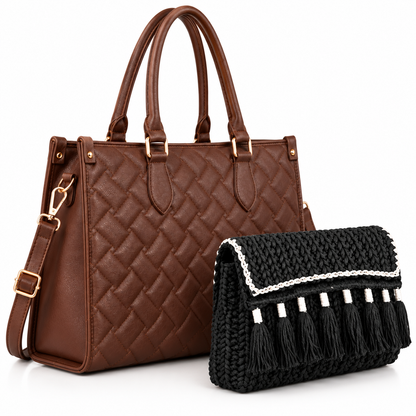 Maresse Brown Woven Tote + Free Macrame Black Tassel Sling Combo for Women