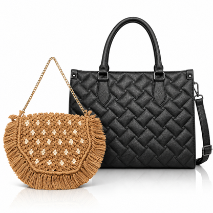Maresse Black Woven Tote + Free Tan Macramé Sling Bag Combo for Women