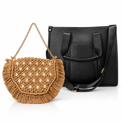Maresse Black Woven Tote + Free Tan Macramé Sling Bag Combo for Women
