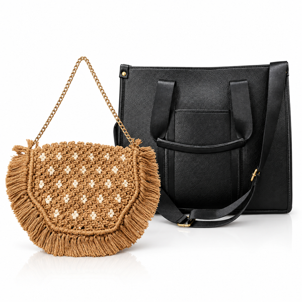 Maresse Black Woven Tote + Free Tan Macramé Sling Bag Combo for Women