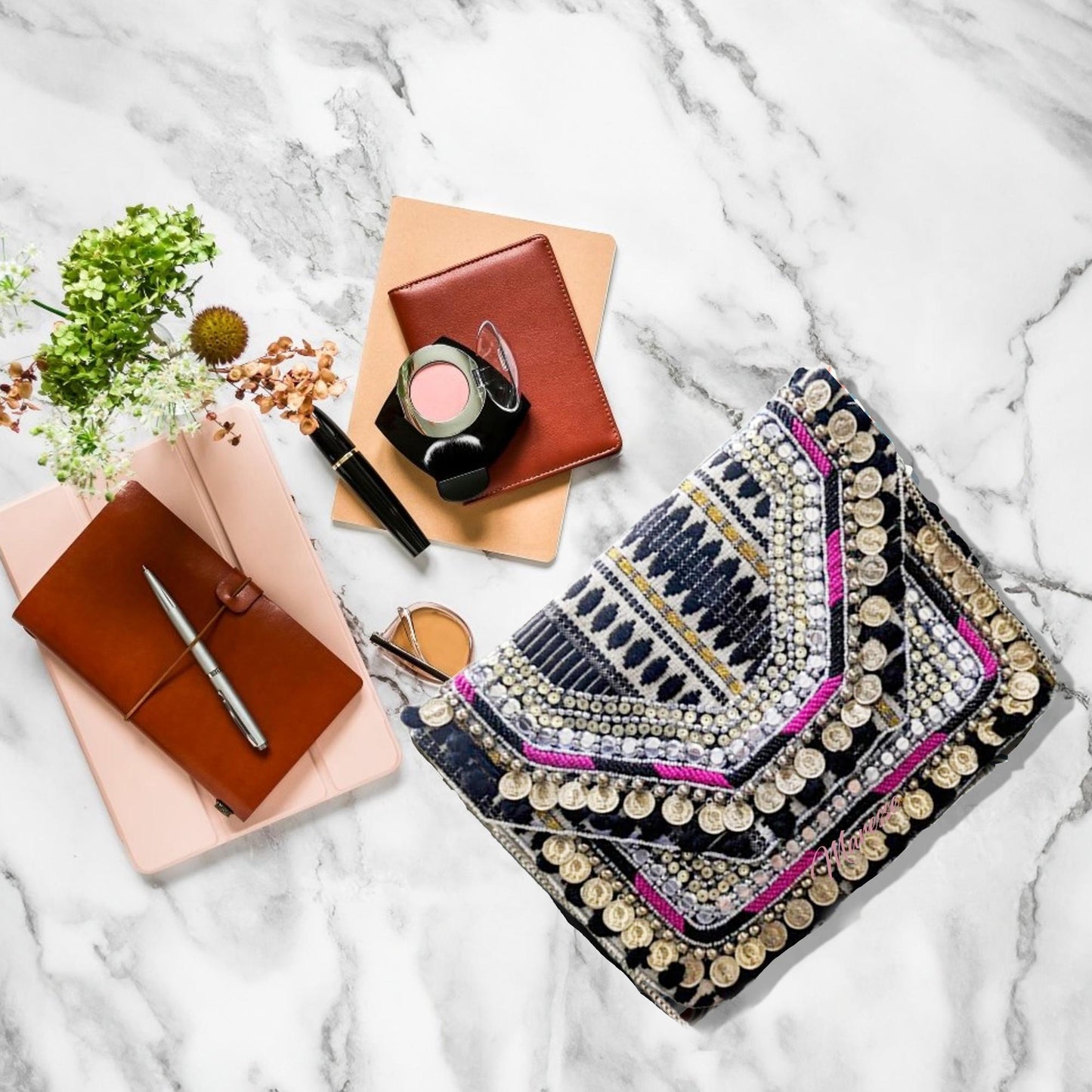 Women Ethnic Embellished Handmade Boho Bag (Midnight Black)