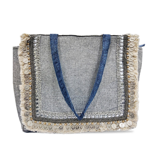 Handmade Ethnic Shoulder Boho Grey Tote Bag for Women