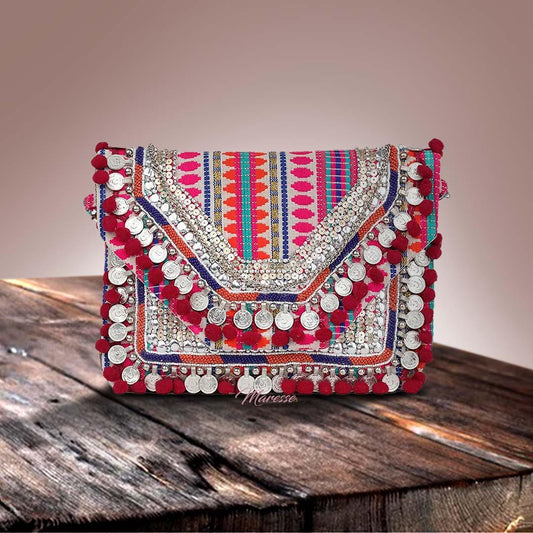 Women Ethnic Embellished Handmade Designer Boho Bag (Pink Perfection)