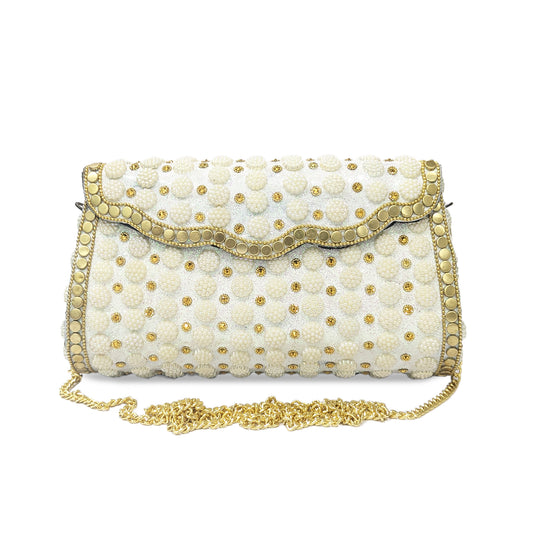 Handcrafted Metal Clutch for Women with White Beads (Zilvera)