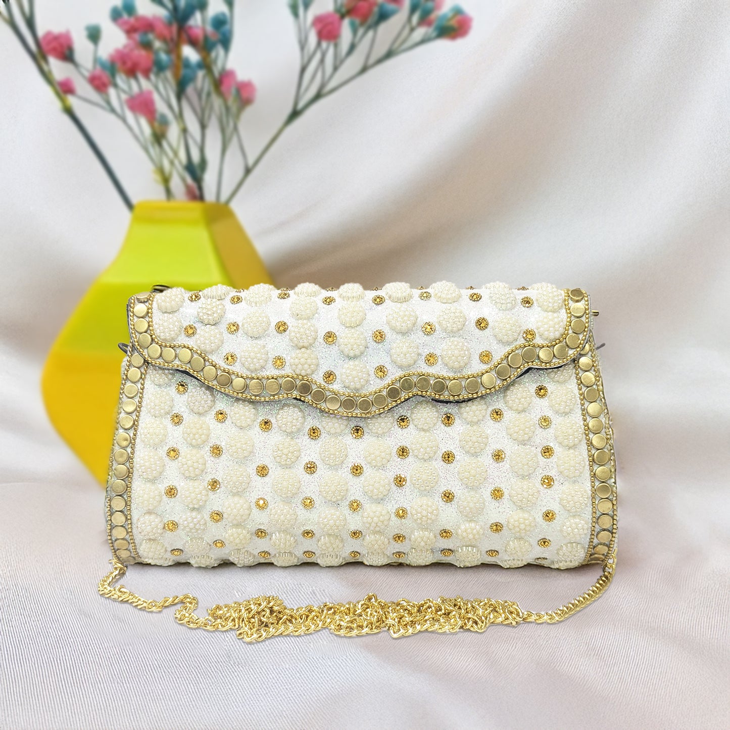 Handcrafted Metal Clutch for Women with White Beads (Zilvera)