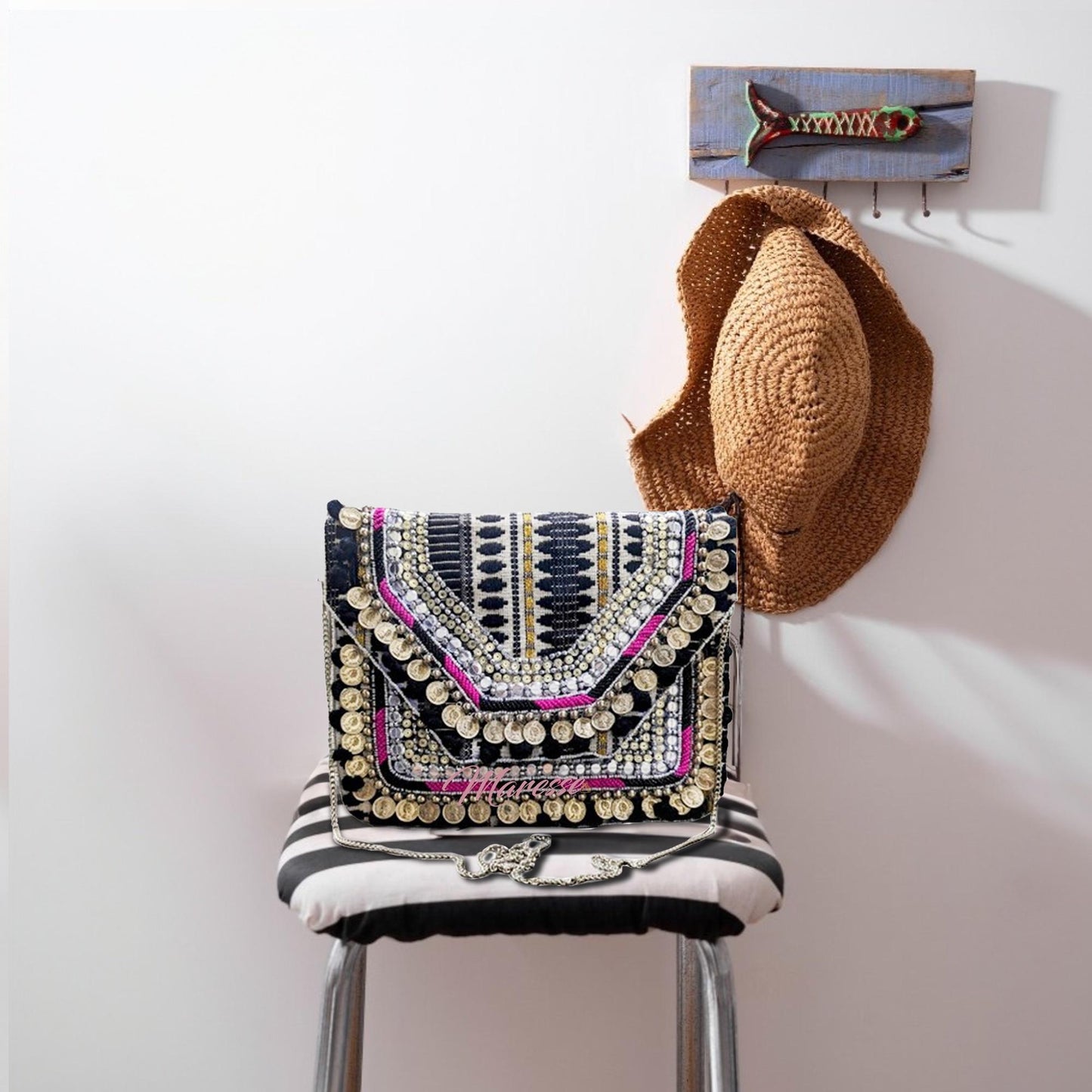 Women Ethnic Embellished Handmade Boho Bag (Midnight Black)