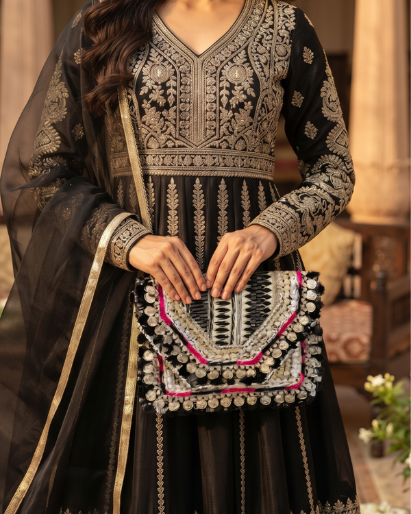 Women Ethnic Embellished Handmade Boho Bag (Midnight Black)