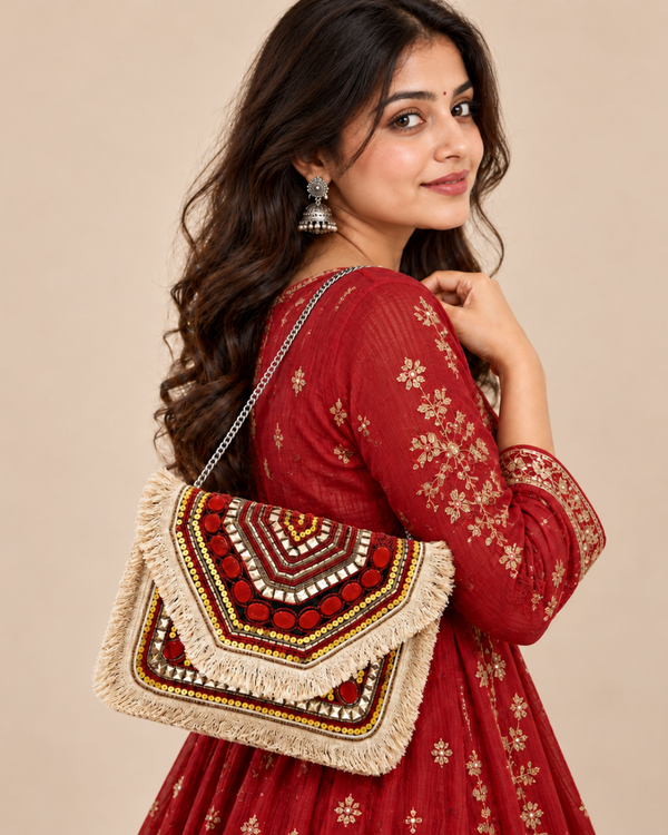 Women Ethnic Embellished Handmade Designer Red Boho Bag