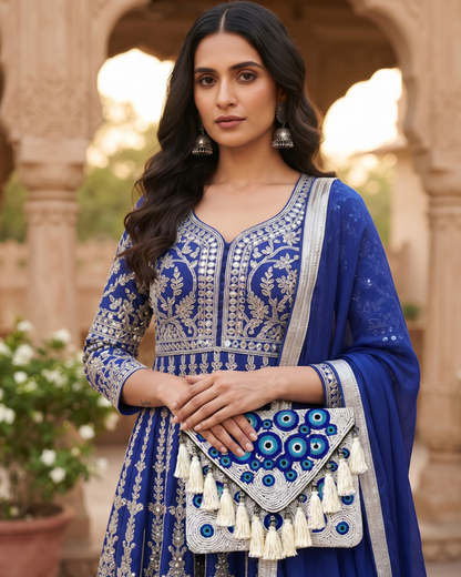 Handcrafted White & Blue Banjara Boho Bag for Women