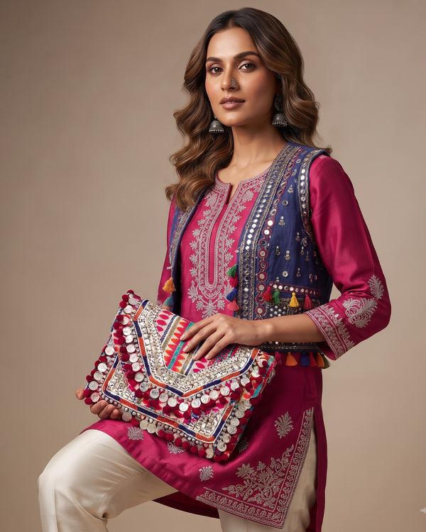 Women Ethnic Embellished Handmade Designer Boho Bag (Pink Perfection)