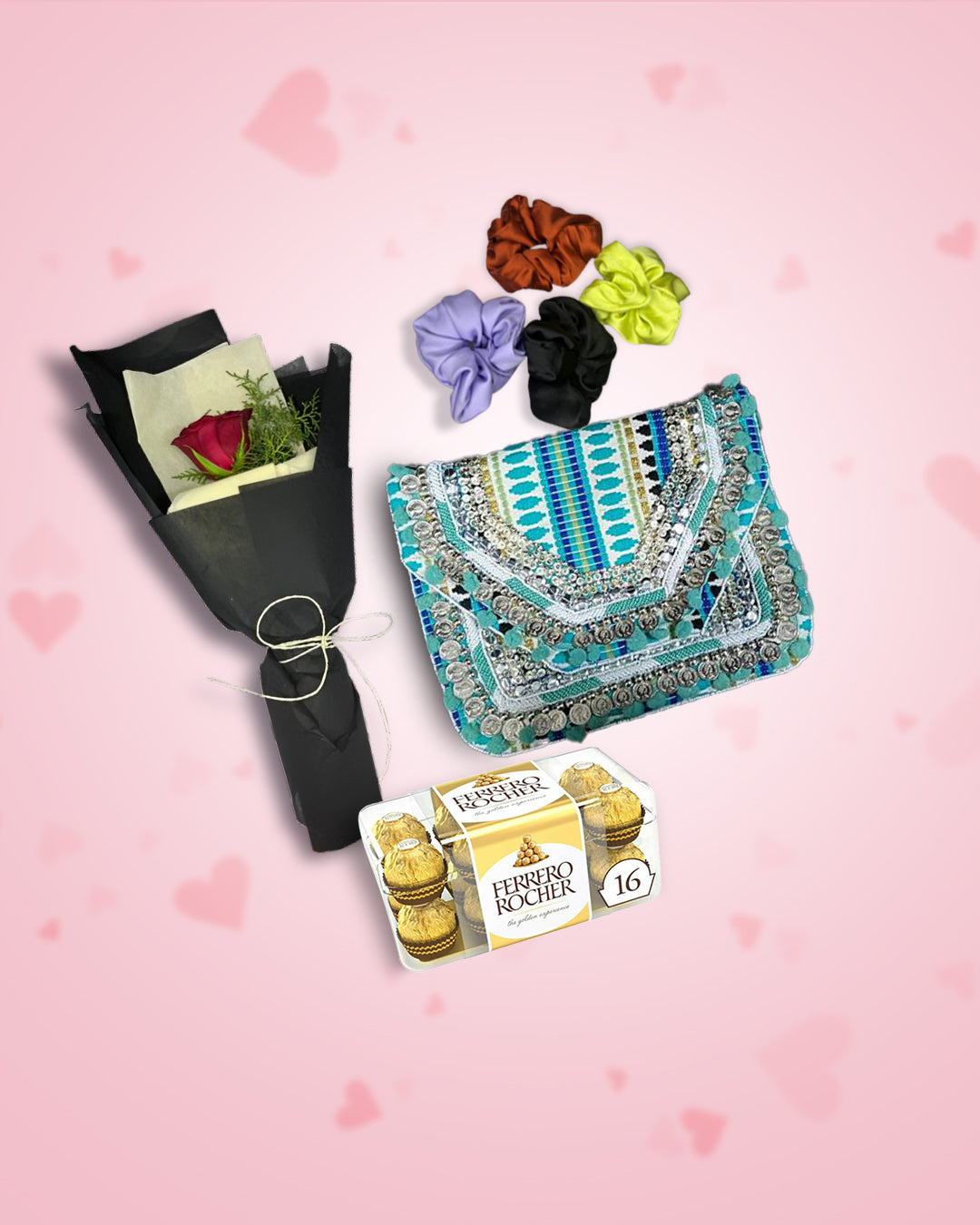 Women's Day Gift : Green Boho Bag + Rose, Chocolate & Scrunchies