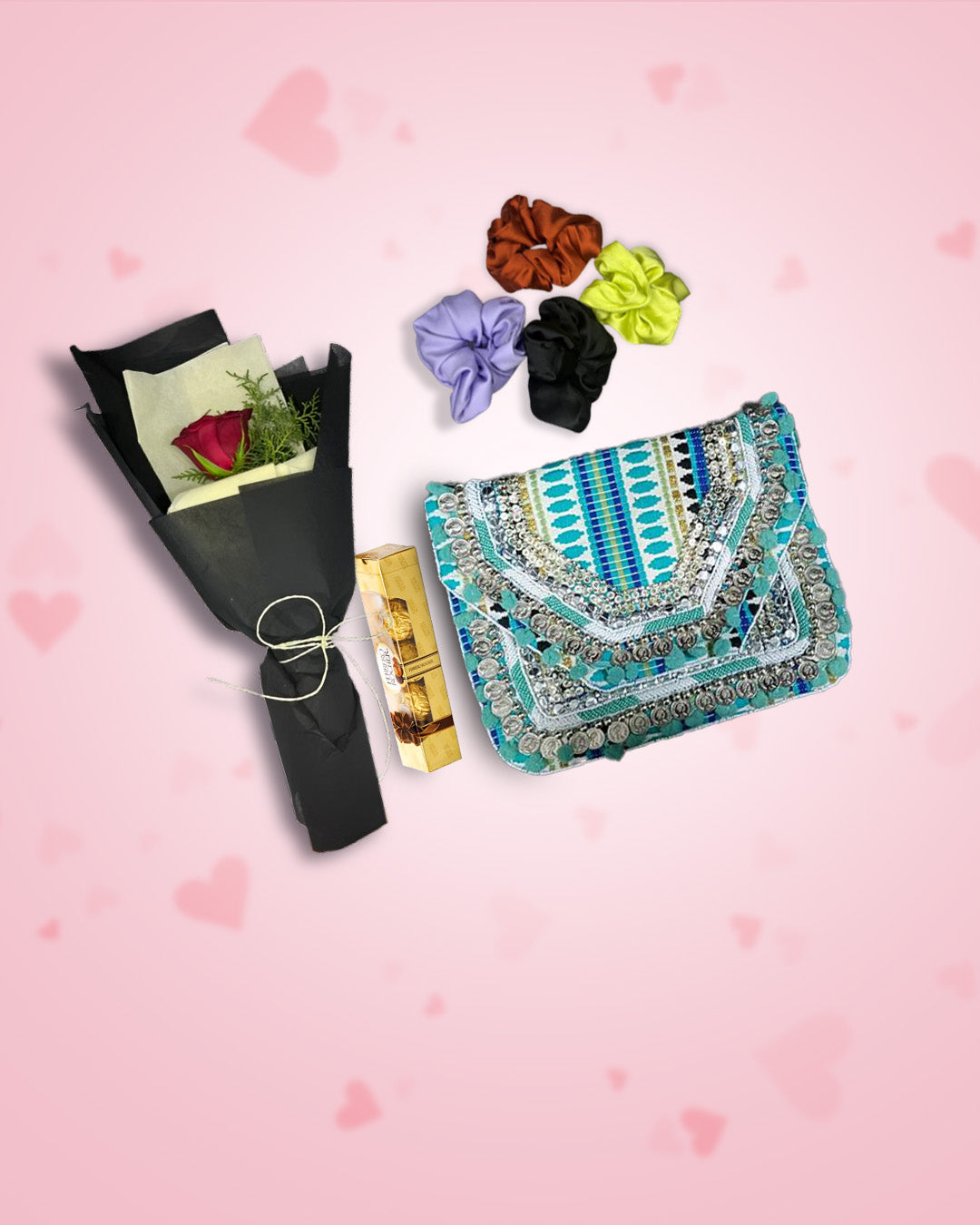 Women's Day Gift : Green Boho Bag + Rose, Chocolate & Scrunchies