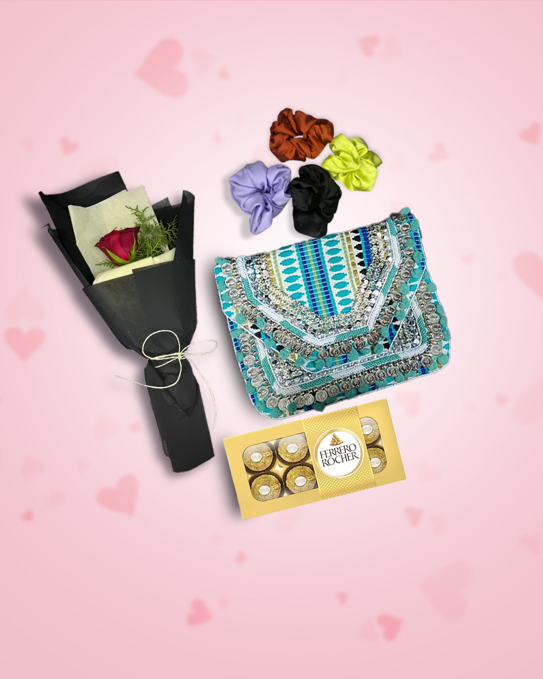 Women's Day Gift : Green Boho Bag + Rose, Chocolate & Scrunchies