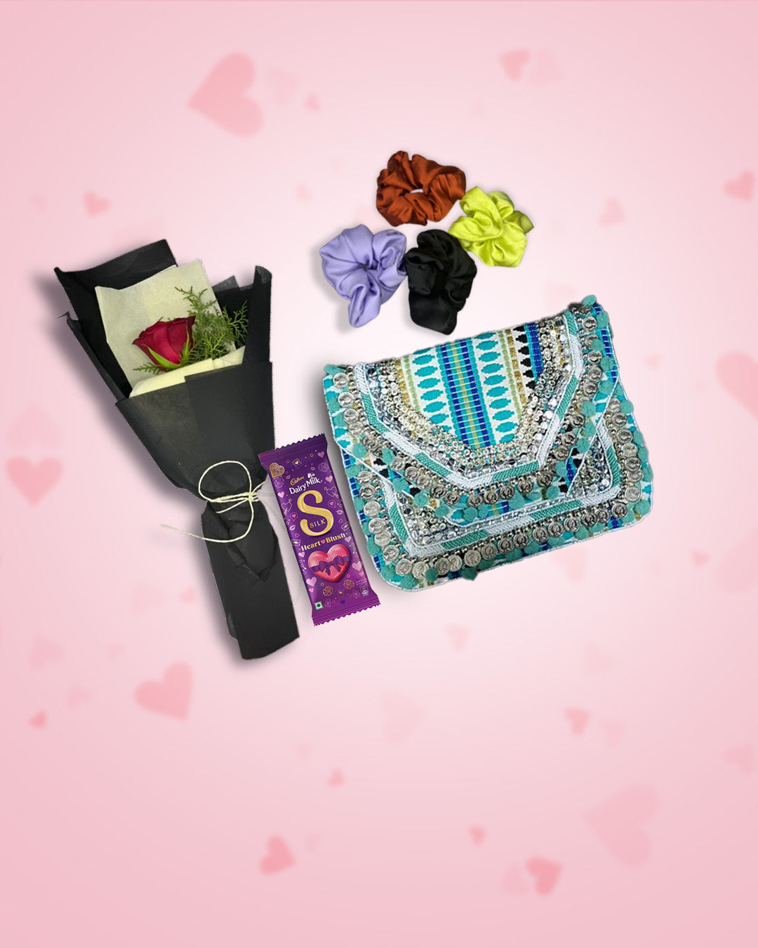 Women's Day Gift : Green Boho Bag + Rose, Chocolate & Scrunchies