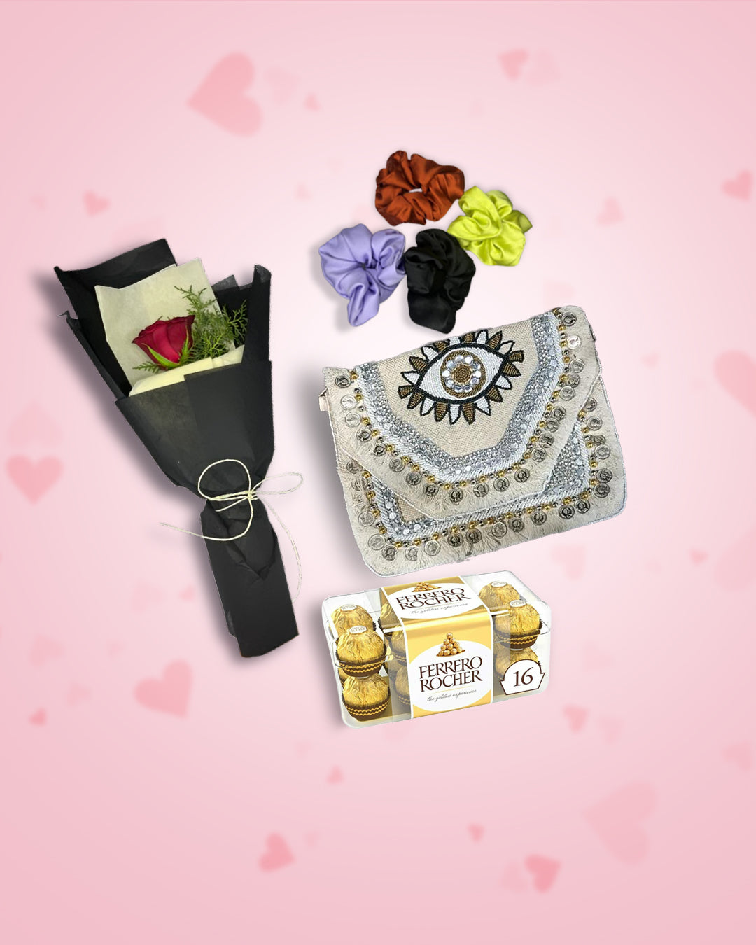 Women's Day Gift : Boho Bag (Evil Eye Wonder)+ Rose, Chocolate & Scrunchies