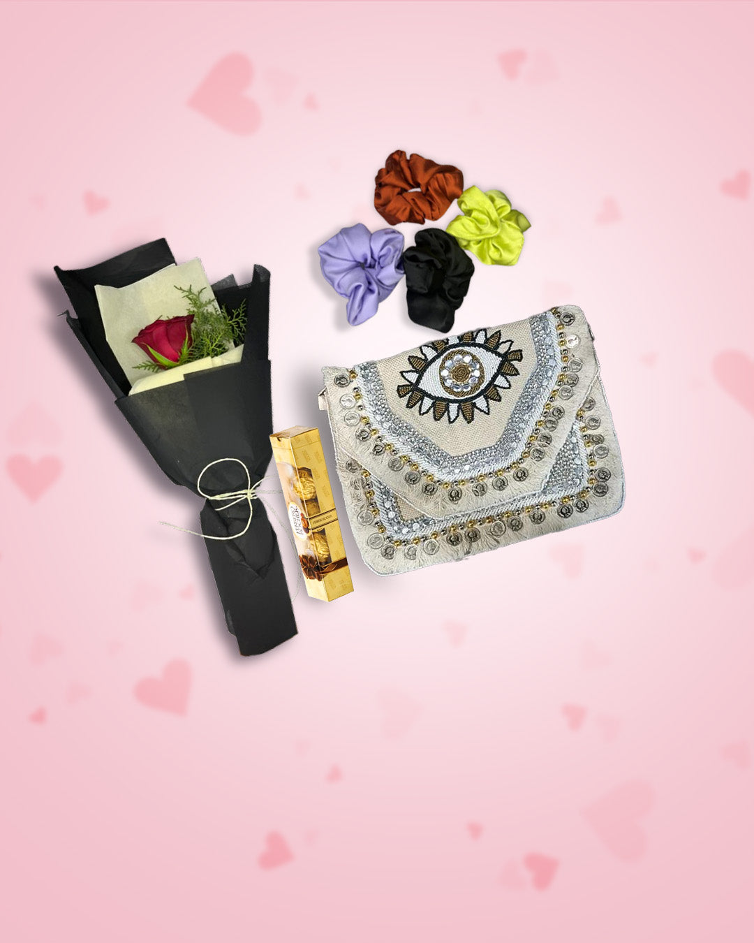 Women's Day Gift : Boho Bag (Evil Eye Wonder)+ Rose, Chocolate & Scrunchies