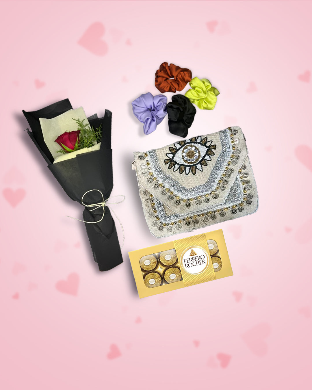 Women's Day Gift : Boho Bag (Evil Eye Wonder)+ Rose, Chocolate & Scrunchies