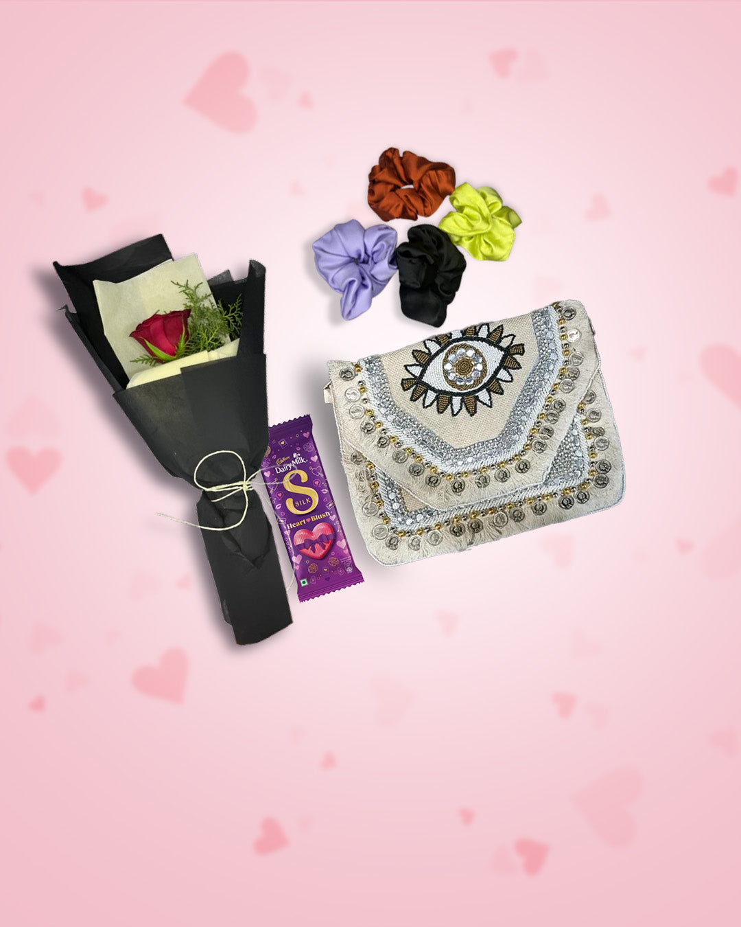 Women's Day Gift : Boho Bag (Evil Eye Wonder)+ Rose, Chocolate & Scrunchies