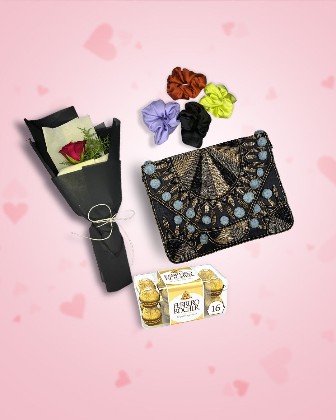 Women's Day Gift : Boho Bag (Luxe Black)+ Rose, Chocolate & Scrunchies