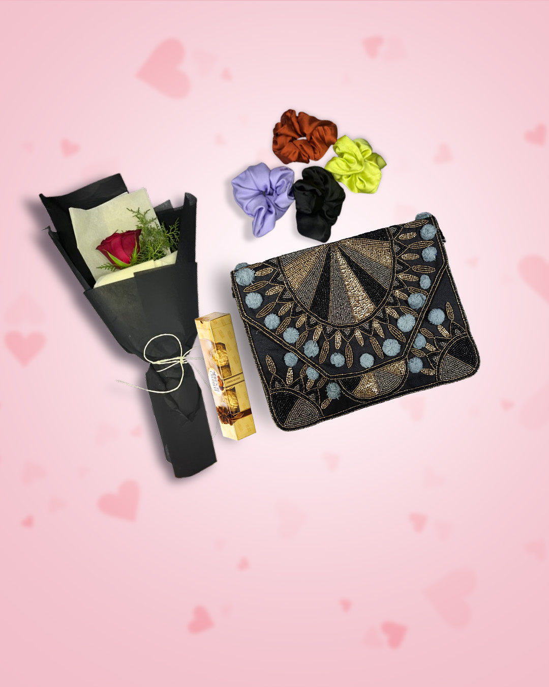 Women's Day Gift : Boho Bag (Luxe Black)+ Rose, Chocolate & Scrunchies