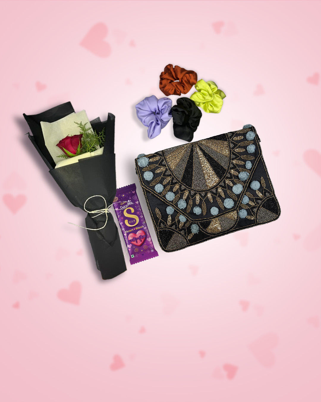 Women's Day Gift : Boho Bag (Luxe Black)+ Rose, Chocolate & Scrunchies