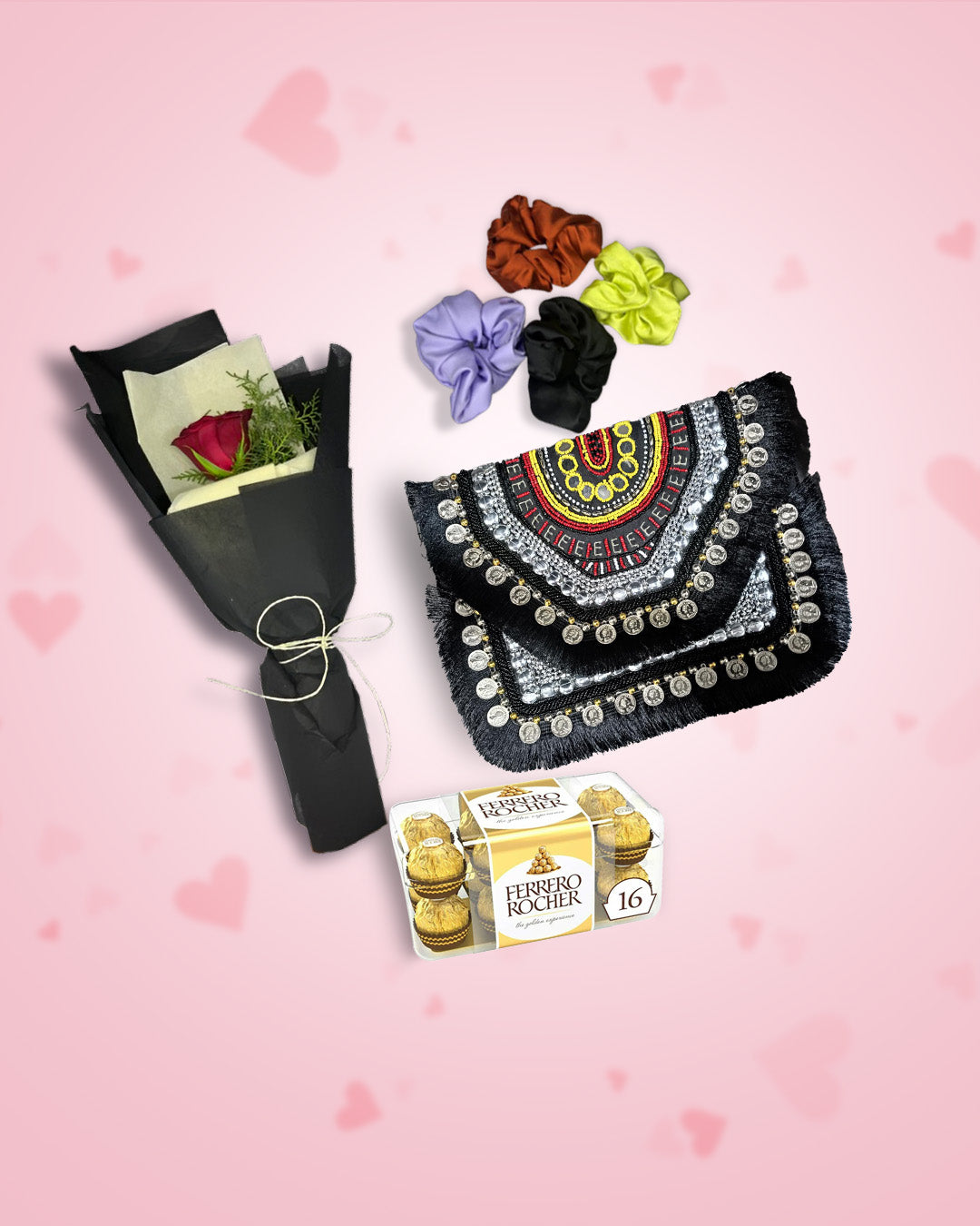 Women's Day Gift : Boho Bag (Dusk)+ Rose, Chocolate & Scrunchies