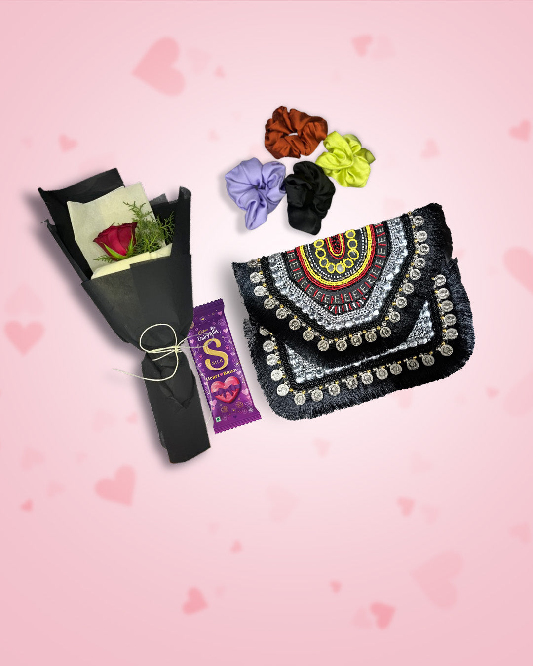 Women's Day Gift : Boho Bag (Dusk)+ Rose, Chocolate & Scrunchies