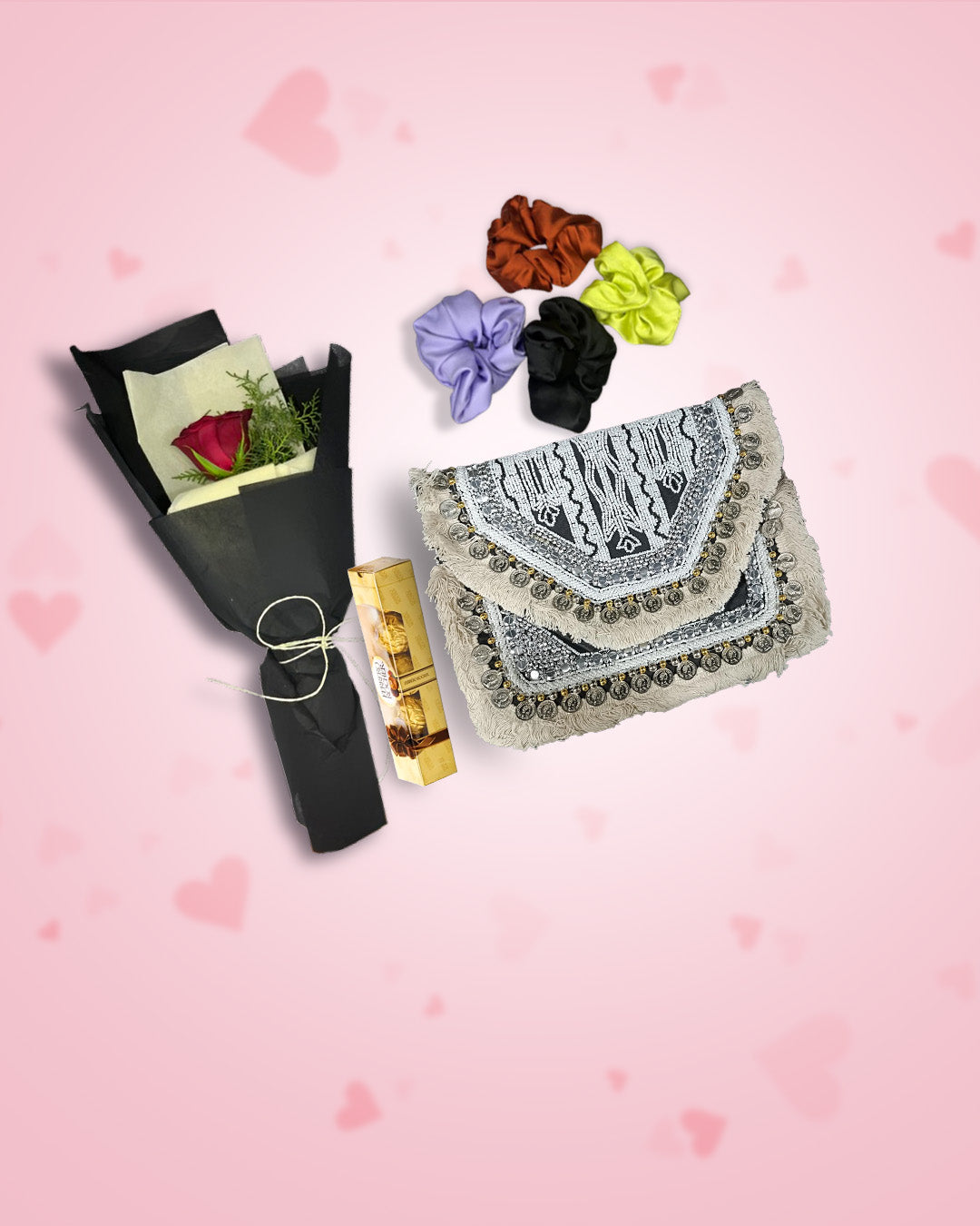 Women's Day Gift : Boho Bag(Pearlstone)+ Rose, Chocolate & Scrunchies