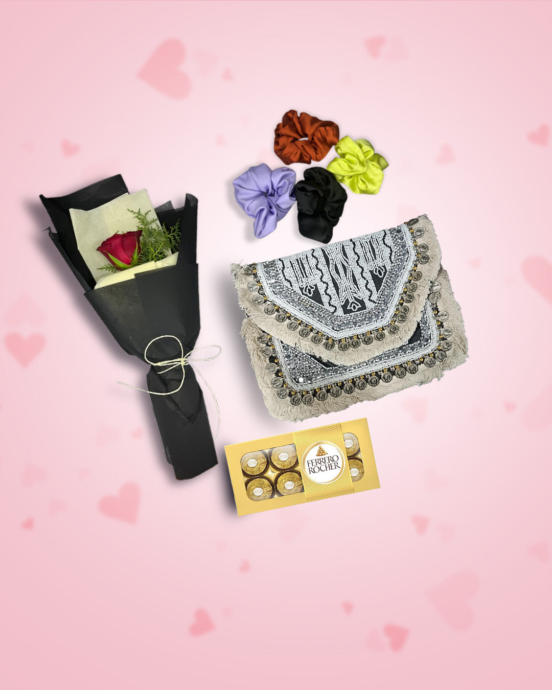 Women's Day Gift : Boho Bag(Pearlstone)+ Rose, Chocolate & Scrunchies