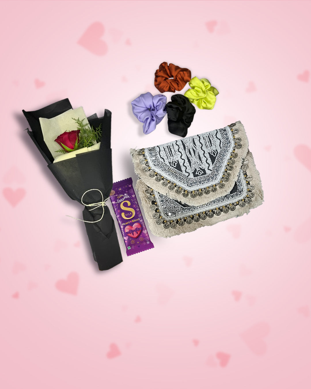 Women's Day Gift : Boho Bag(Pearlstone)+ Rose, Chocolate & Scrunchies