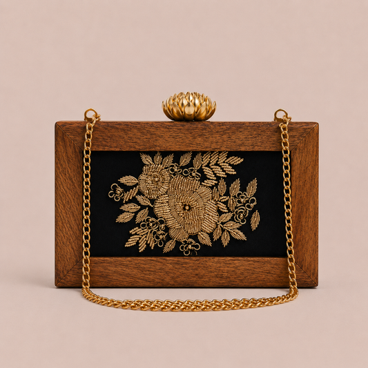 Handmade Wooden Clutch with Rose Embroidery for Women