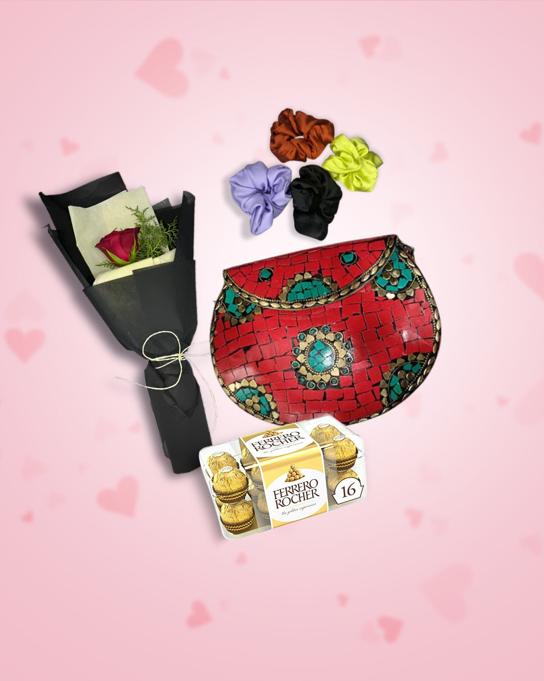 Women's Day Gift : Red Metal Clutch + Rose, Chocolate & Scrunchies