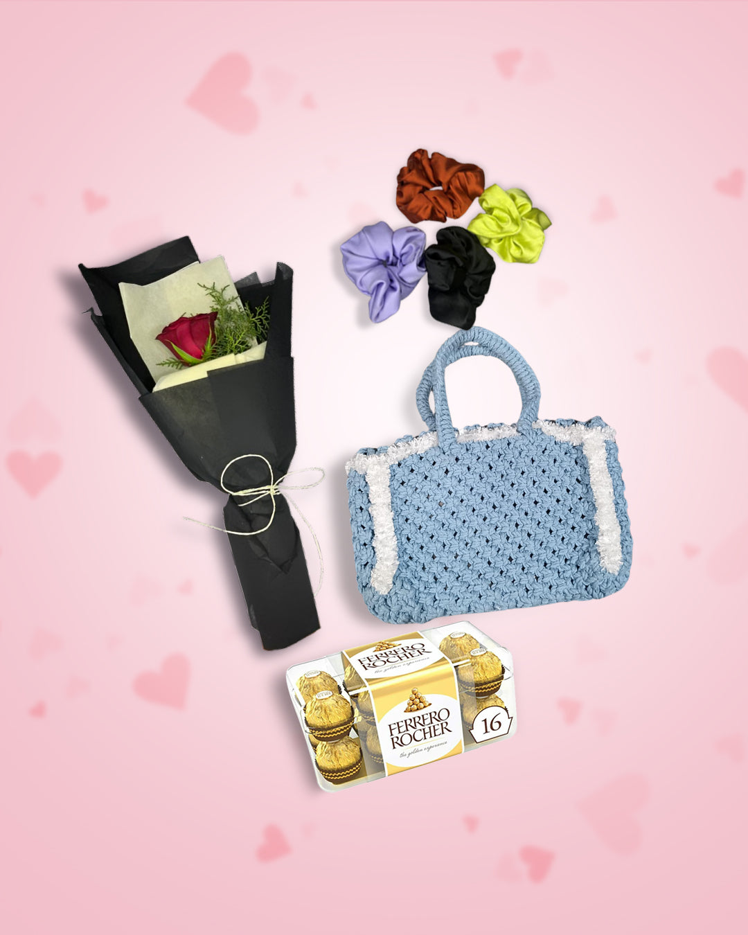 Women's Day Gift : Blue Crochet Bag + Rose, Chocolate & Scrunchies