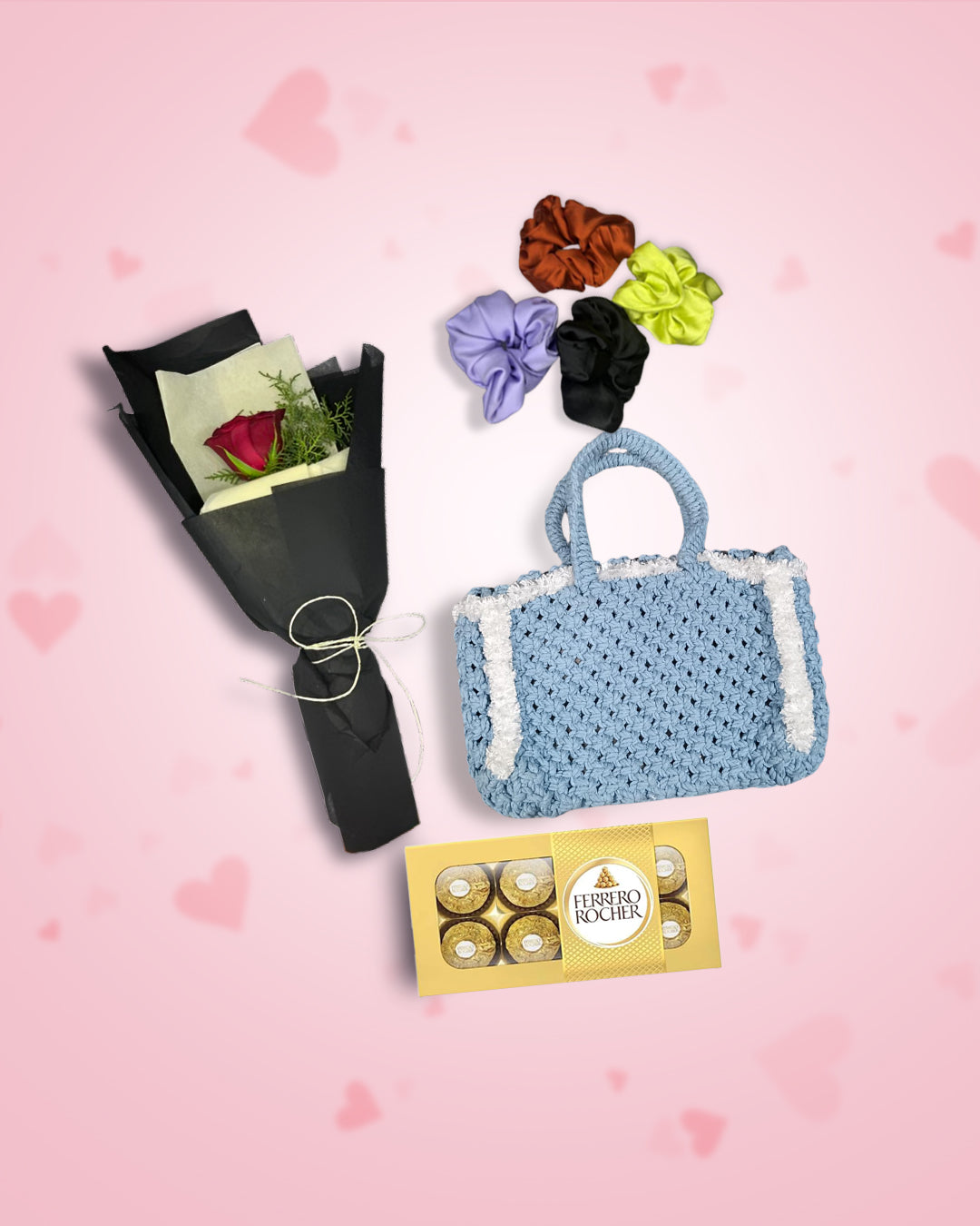 Women's Day Gift : Blue Crochet Bag + Rose, Chocolate & Scrunchies