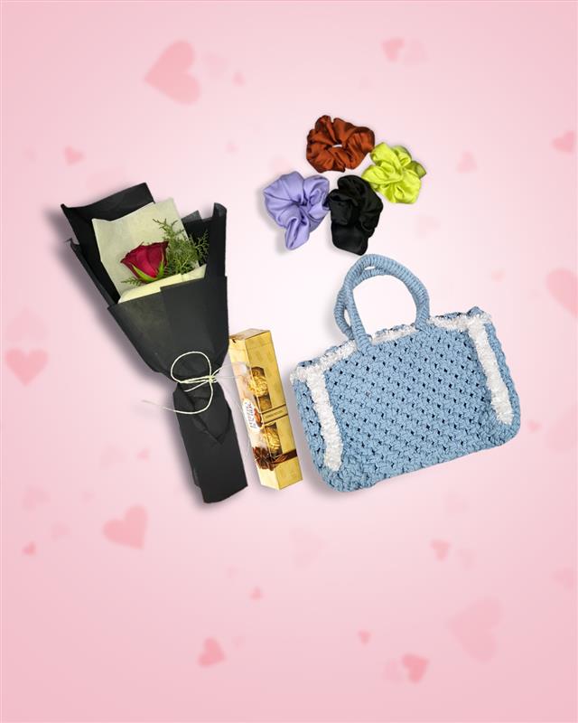 Women's Day Gift : Blue Crochet Bag + Rose, Chocolate & Scrunchies